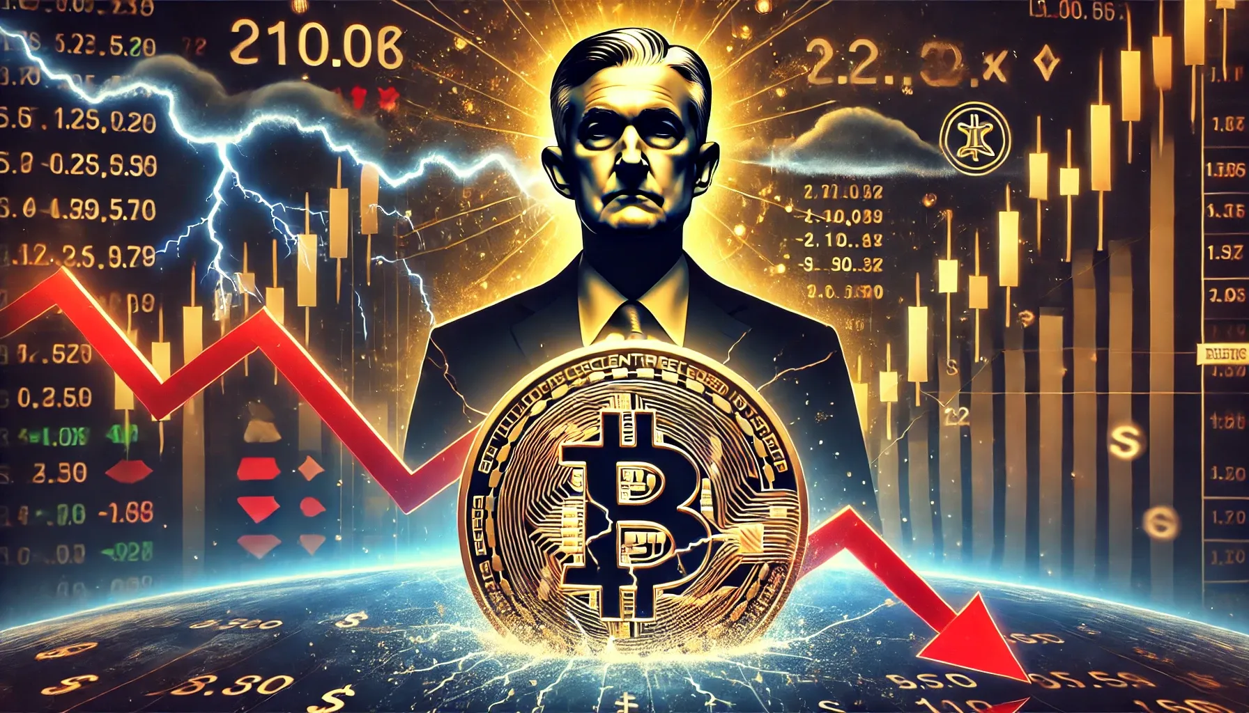 DALL·E 2024-12-22 10.25.55 - A digital illustration capturing market dynamics after Bitcoin drops below $100K following remarks from Federal Reserve Chair Powell. The image shows .webp